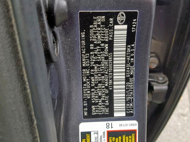 4T1BK1EB1DU028855 - 2013 TOYOTA AVALON BAS GRAY photo 10