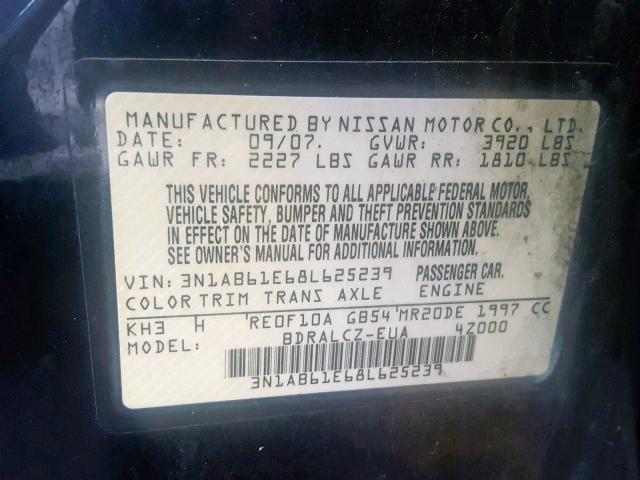 3N1AB61E68L625239 - 2008 NISSAN SENTRA 2.0 BLACK photo 10