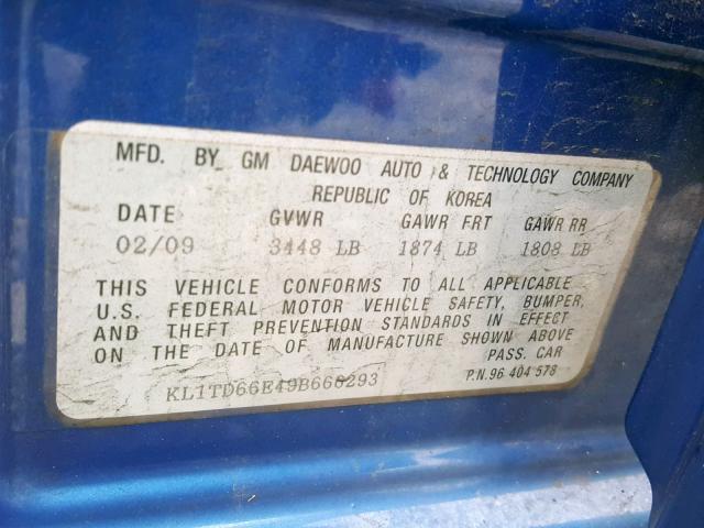 KL1TD66E49B666293 - 2009 CHEVROLET AVEO LS BLUE photo 10