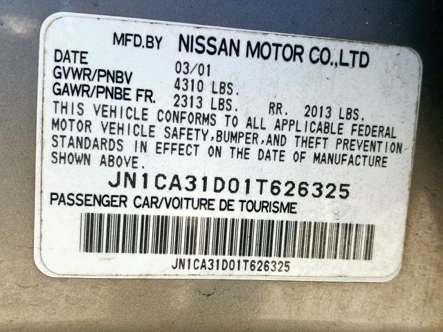 JN1CA31D01T626325 - 2001 NISSAN MAXIMA GXE GRAY photo 10