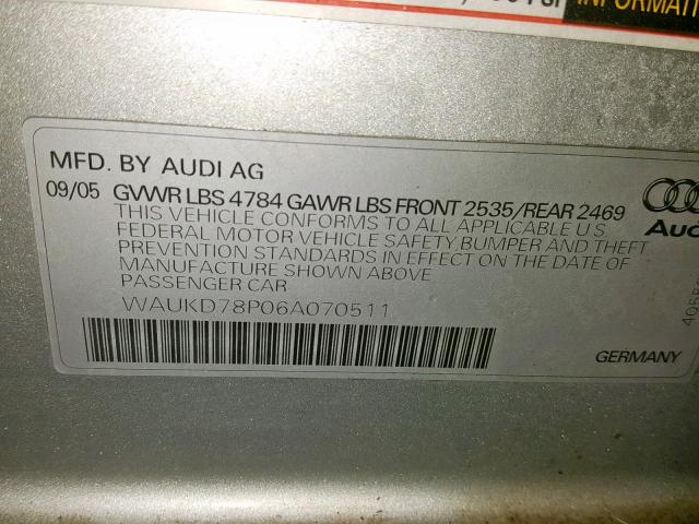 WAUKD78P06A070511 - 2006 AUDI A3 S-LINE SILVER photo 10