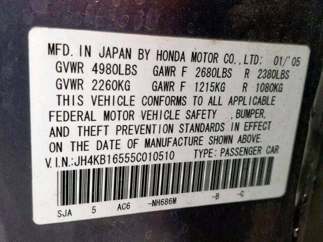 JH4KB16555C010510 - 2005 ACURA RL GRAY photo 10