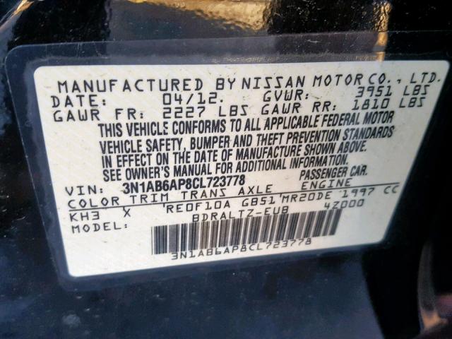 3N1AB6AP8CL723778 - 2012 NISSAN SENTRA 2.0 BLACK photo 10