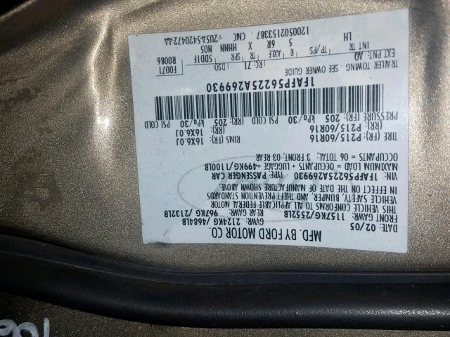 1FAFP56225A269930 - 2005 FORD TAURUS SEL BROWN photo 10