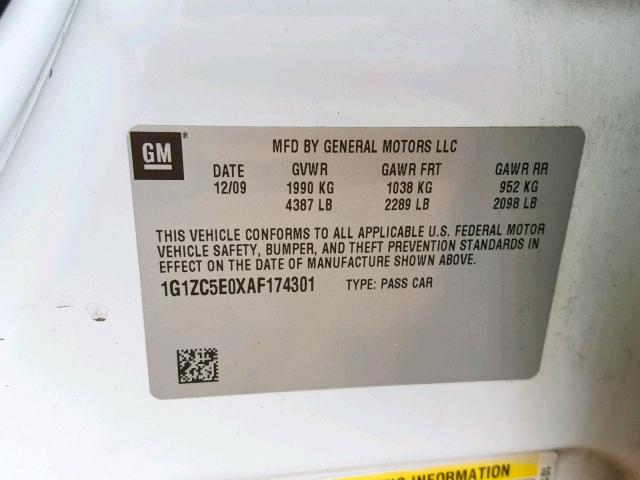 1G1ZC5E0XAF174301 - 2010 CHEVROLET MALIBU 1LT 白色 照片 10