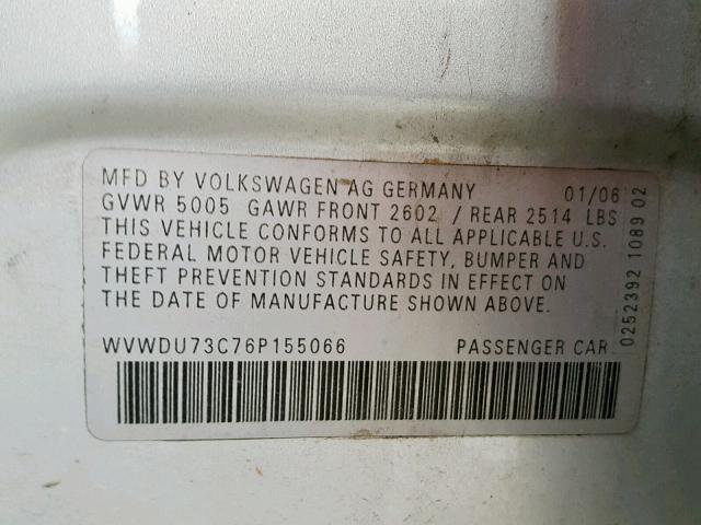 WVWDU73C76P155066 - 2006 VOLKSWAGEN PASSAT 3.6 SILVER photo 10