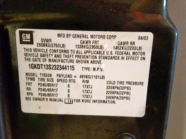 1GKDT13S232344115 - 2003 GMC ENVOY BLACK photo 10