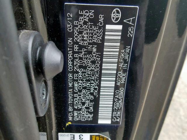 JTKJF5C7XC3042471 - 2012 TOYOTA SCION TC შავი ფოტო 10