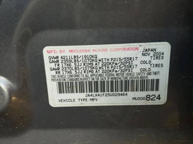 JA4LX41F25U029464 - 2005 MITSUBISHI OUTLANDER GRAY photo 10