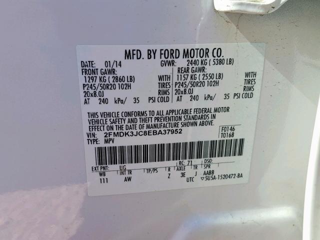 2FMDK3JC8EBA37952 - 2014 FORD EDGE SEL WHITE photo 10