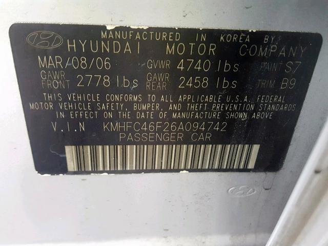 KMHFC46F26A094742 - 2006 HYUNDAI AZERA SE TAN photo 10