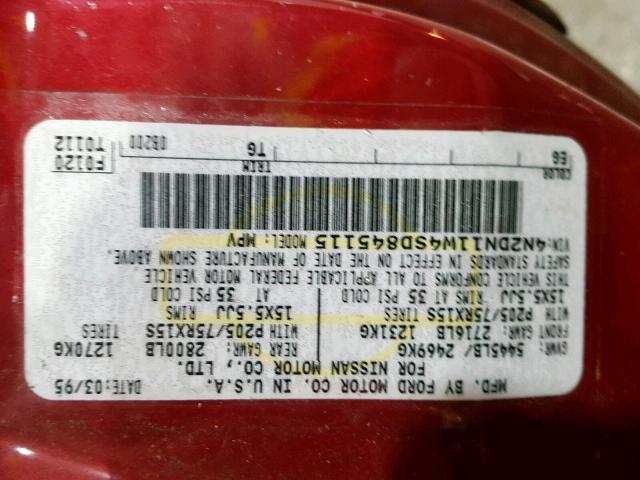 4N2DN11W4SD845115 - 1995 NISSAN QUEST XE RED photo 10