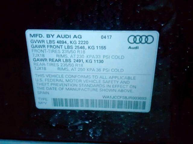 WA1JCCFS8JR003693 - 2018 AUDI Q3 PREMIUM BLUE photo 10