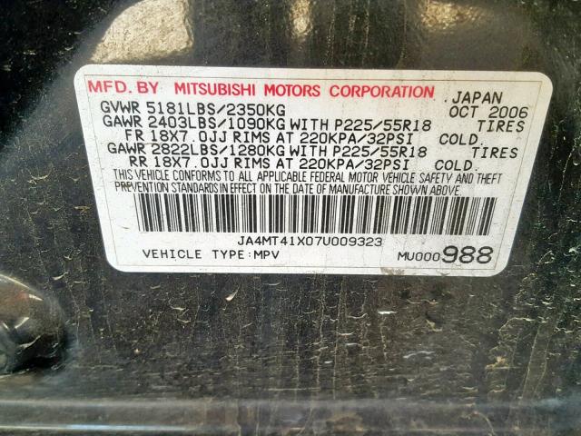 JA4MT41X07U009323 - 2007 MITSUBISHI OUTLANDER BLACK photo 10