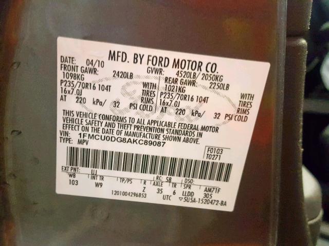 1FMCU0DG8AKC89087 - 2010 FORD ESCAPE XLT GRAY photo 10