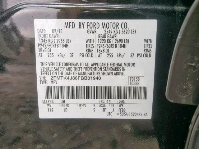 2FMTK4J86FBB01940 - 2015 FORD EDGE SEL BLACK photo 10