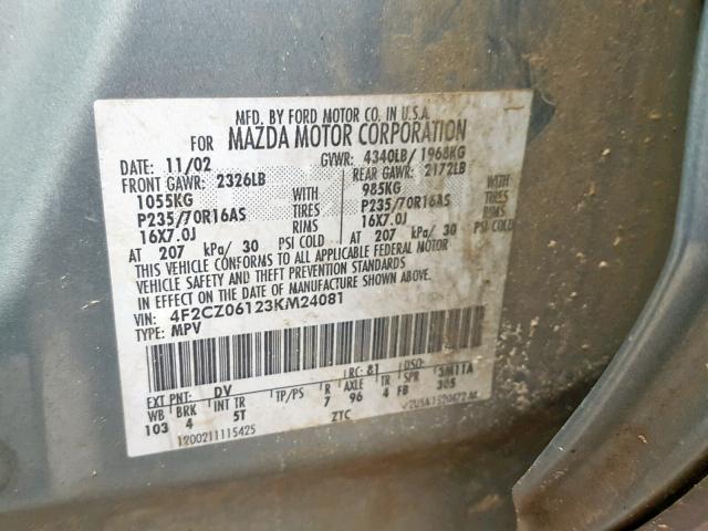 4F2CZ06123KM24081 - 2003 MAZDA TRIBUTE ES 绿色 照片 10