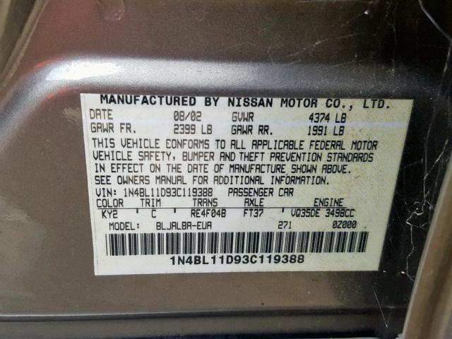 1N4BL11D93C119388 - 2003 NISSAN ALTIMA SE BEIGE photo 10