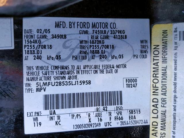 5LMFU28535LJ15958 - 2005 LINCOLN NAVIGATOR 黑色 照片 10