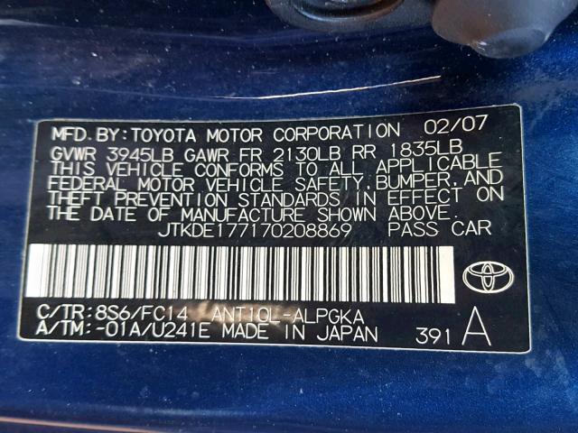 JTKDE177170208869 - 2007 TOYOTA SCION BLUE photo 10