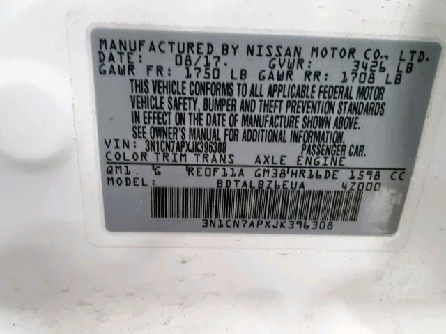 3N1CN7APXJK396308 - 2018 NISSAN VERSA S WHITE photo 10
