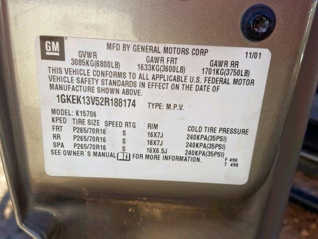 1GKEK13V52R188174 - 2002 GMC YUKON TAN photo 10