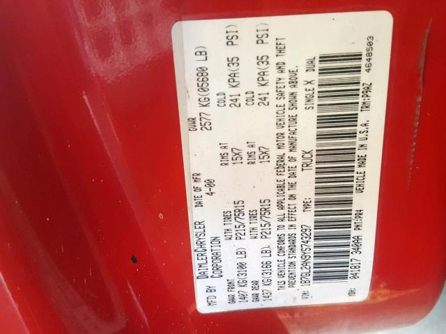 1B7GL2AN9YS743297 - 2000 DODGE DAKOTA QUA RED photo 10