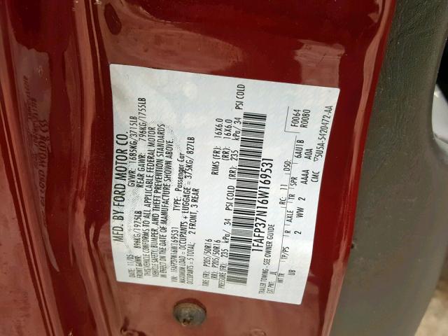 1FAFP37N16W169531 - 2006 FORD FOCUS ZX5 RED photo 10