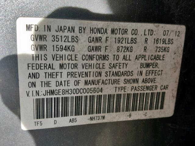 JHMGE8H30DC005604 - 2013 HONDA FIT CHARCOAL photo 10