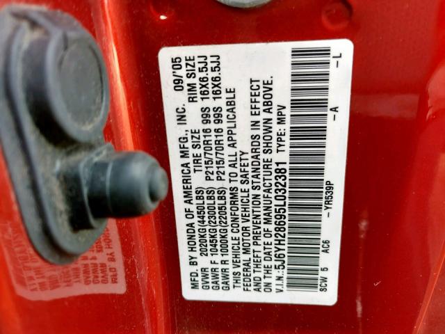 5J6YH28695L032381 - 2005 HONDA ELEMENT EX ORANGE photo 10