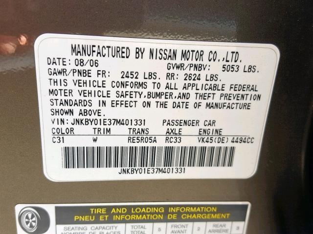 JNKBY01E37M401331 - 2007 INFINITI M45 BASE GOLD photo 10