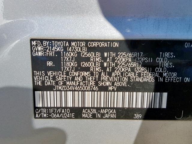 JTMZD34V465008746 - 2006 TOYOTA RAV4 LIMIT SILVER photo 10