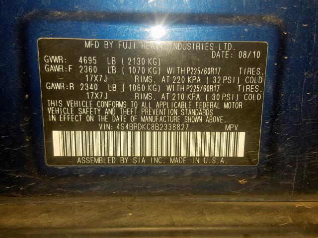 4S4BRDKC8B2338827 - 2011 SUBARU OUTBACK 3. BLUE photo 10