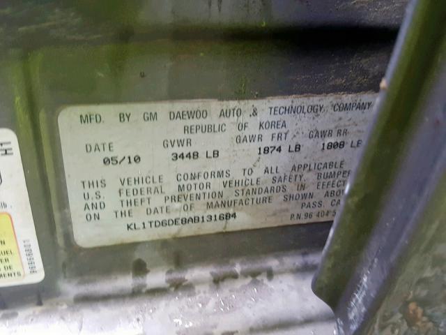 KL1TD6DE8AB131684 - 2010 CHEVROLET AVEO LS CHARCOAL photo 10