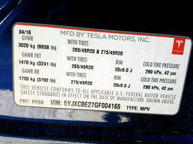 5YJXCBE27GF004165 - 2016 TESLA MODEL X BLUE photo 10