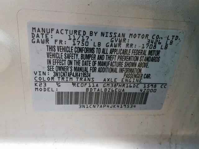 3N1CN7AP4JK419534 - 2018 NISSAN VERSA S SILVER photo 10