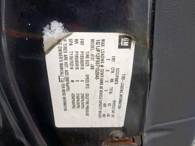 1G1JF12F937152843 - 2003 CHEVROLET CAVALIER L BLACK photo 10