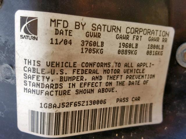 1G8AJ52F65Z130006 - 2005 SATURN ION LEVEL BLUE photo 10