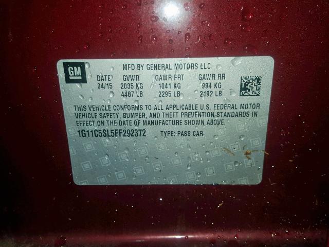 1G11C5SL5FF292372 - 2015 CHEVROLET MALIBU 1LT ბურგუნდია ფოტო 10