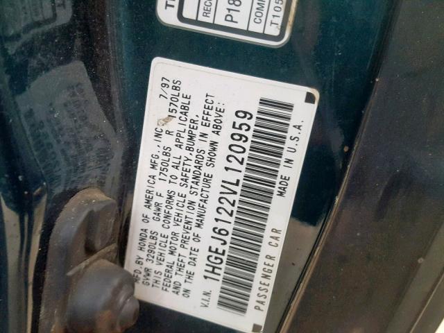 1HGEJ6122VL120959 - 1997 HONDA CIVIC DX GREEN photo 10