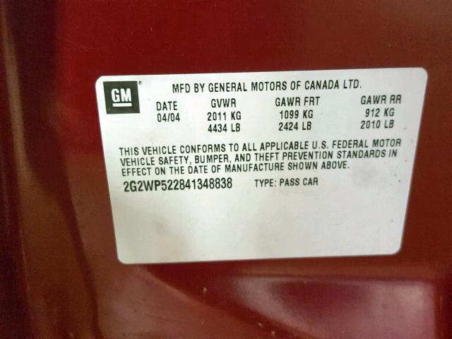 2G2WP522841348838 - 2004 PONTIAC GRAND PRIX MAROON photo 10