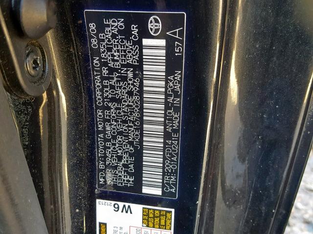 JTKDE167890287946 - 2009 TOYOTA SCION TC შავი ფოტო 10