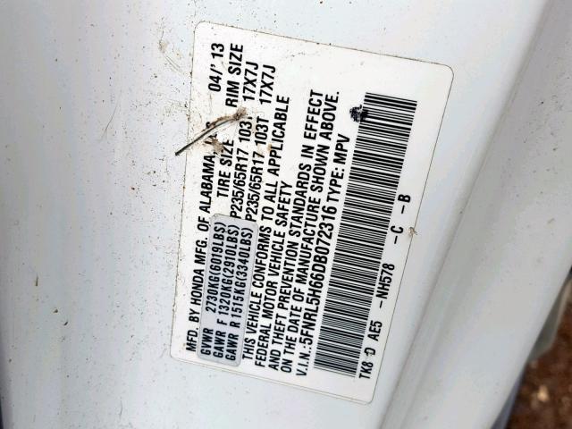 5FNRL5H66DB072316 - 2013 HONDA ODYSSEY EX WHITE photo 10