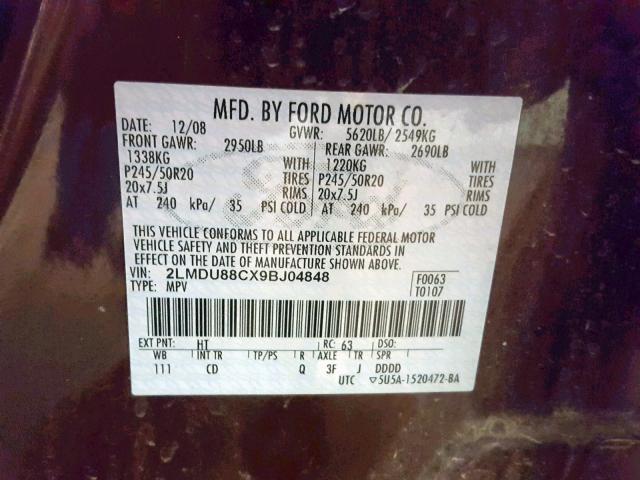 2LMDU88CX9BJ04848 - 2009 LINCOLN MKX MAROON photo 10