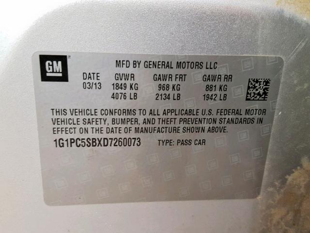 1G1PC5SBXD7260073 - 2013 CHEVROLET CRUZE LT SILVER photo 10