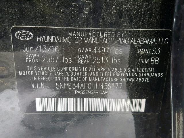 5NPE34AF0HH459177 - 2017 HYUNDAI SONATA SPO BLACK photo 10