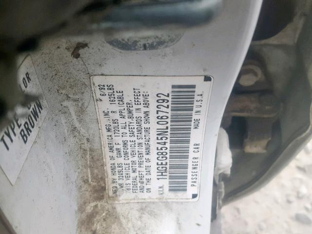 1HGEG8545NL067292 - 1992 HONDA CIVIC DX WHITE photo 10