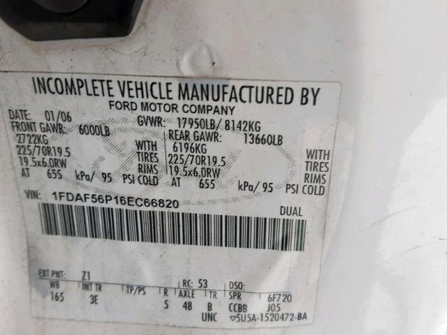 1FDAF56P16EC66820 - 2006 FORD F550 SUPER WHITE photo 10