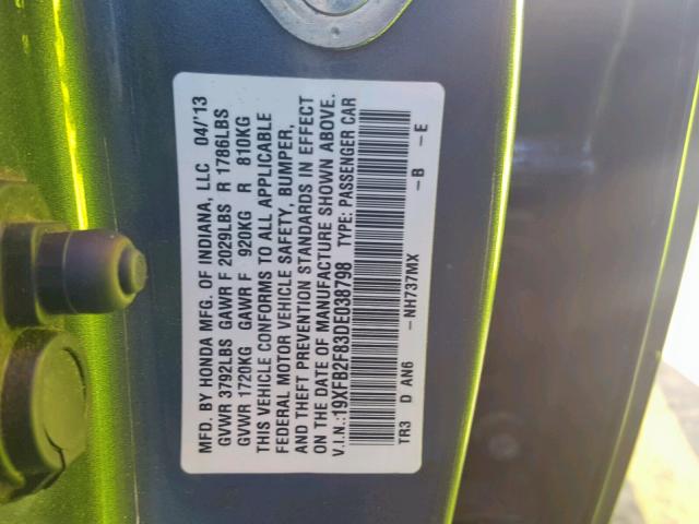 19XFB2F83DE038798 - 2013 HONDA CIVIC EX ნაცრისფერი ფოტო 10