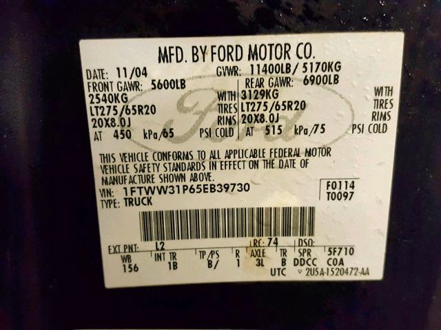 1FTWW31P65EB39730 - 2005 FORD F350 SRW S BLUE photo 10